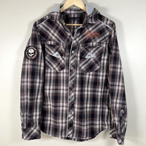 AFFLICTION Men’s SM Plaid Flannel Graphic Hooded Shacket Streetwear Biker Grunge - Picture 1 of 8